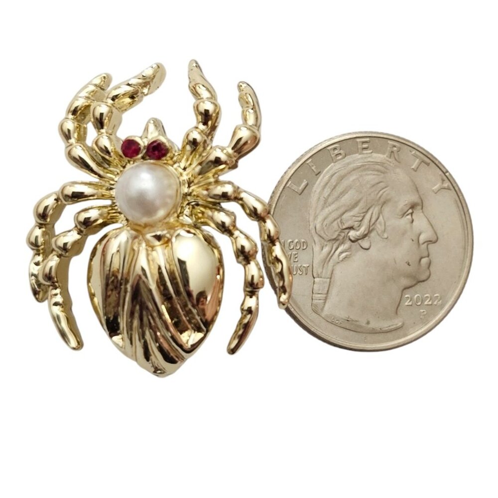 Gold Tone Vintage Faux Pearl Spider Brooch, Red Rhinestone Pin L876 - Picture 5 of 8